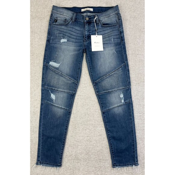 NEW KanCan Moto Jeans Size 9 / 28 Skinny Ankle Stretch Low Rise Blue Distressed - Picture 1 of 13